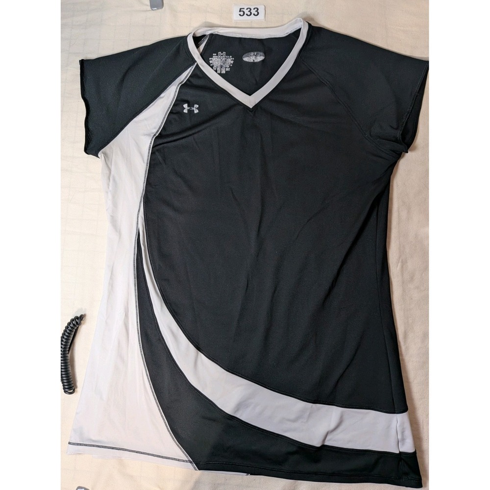 Under Armour HeatGear Jersey V-Neck T-Shirt Women's Black White Athletic M